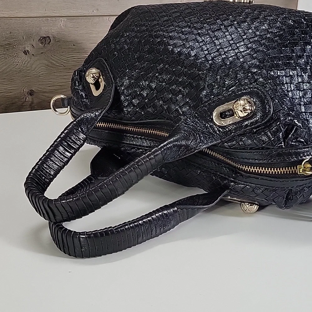 Elliott Lucca Black Woven Leather Satchel Handbag